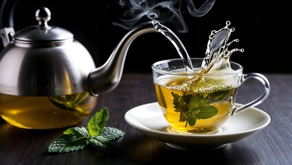 Steam rising from fresh mint tea poured into a cup.
