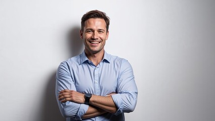 A joyful man smiling confidently in a casual outfit.