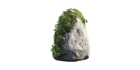 Moss-Covered Stone With Green Foliage. Natural Growth And Texture Isolated On Transparent Background