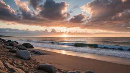 Peaceful beach scene featuring a beautiful sunset glow.