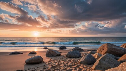 Gorgeous sunset light bathing a peaceful beach scene.