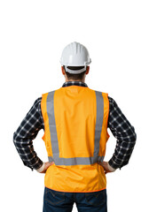 Fototapeta premium Rear view of a male construction worker in a hard hat and safety vest. Engineer or builder with hands on hips, isolated on a transparent background.