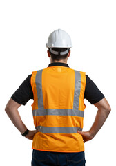 Fototapeta premium Rear view of a male construction worker in a hard hat and high-visibility safety vest. He is standing with his hands on his hips against a transparent background.
