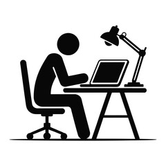 Black Silhouette Person Working Laptop Desk Lamp Office Chair Icon white