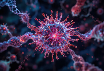 Vibrant depiction of mRNA virus showcases its intricate structure and potential cancer therapy