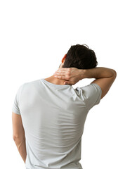 Young man suffering from neck pain. Back view of a person massaging a stiff neck due to injury or stress. Isolated on transparent background.