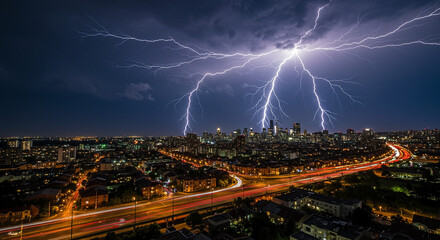 Dramatic city skyline illuminated by a breathtaking multiple lightning strike during a powerful thunderstorm at night.
