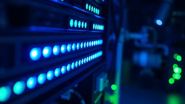 Glowing indicator lights in an abstract tech setting, illuminated by blue and green hues under professional studio lighting.