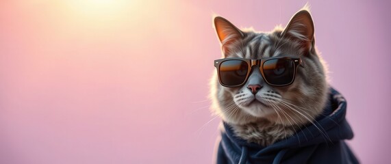Cool cat in sunglasses and hoodie with pink background. Style and swag with a touch of feline charm.