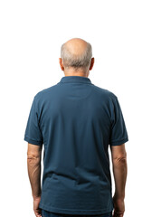 Fototapeta premium Rear view of a senior man with balding grey hair. Elderly male model from behind wearing a blue polo shirt, isolated on a transparent background.