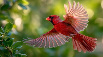 A vibrant red cardinal in mid-flight, captured with clear detail as it flaps its wings against a backdrop of lush green trees and sunlight.