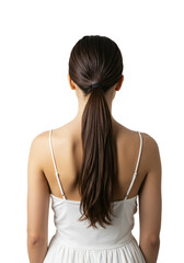 Back view of a young Asian woman with a long brown ponytail hairstyle. Beauty and hair care concept with a model in a white dress against a transparent background.