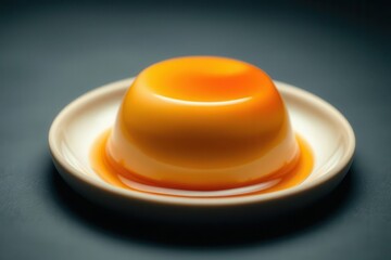 Caramel custard dessert with smooth, glossy finish on a white plate, against a dark background