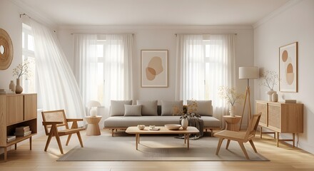 Elegant white-themed living room with large windows and soft furnishings