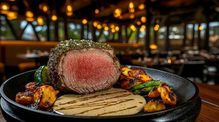 Prime rib straight on view featuring perfectly cooked roast beef with herb seasoning served alongside grilled vegetables in elegant fine dining establishment