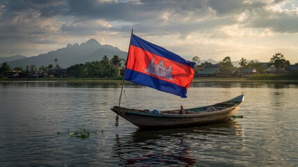 Flag Cambodia displayed on traditional wooden fishing boat floating on peaceful river waters during golden hour with mountain landscape backdrop