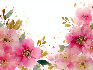 soft pink floral watercolor elements and golden sparkles, clean white background.