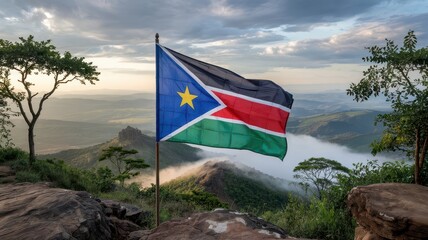 Flag South Sudan waving on rocky mountain peak overlooking misty valleys and rolling African landscape at dawn