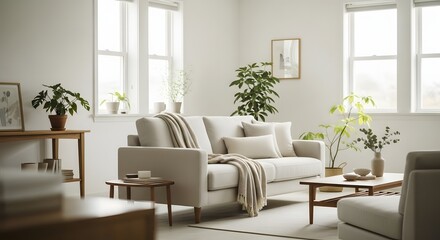 Spacious living room with gray sectional and indoor plants