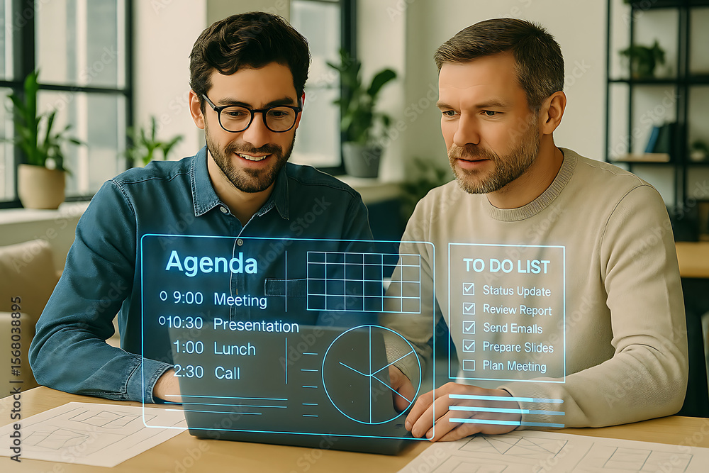 Aufkleber two men collaborating on a laptop displaying an agenda and to do list in a modern office setting