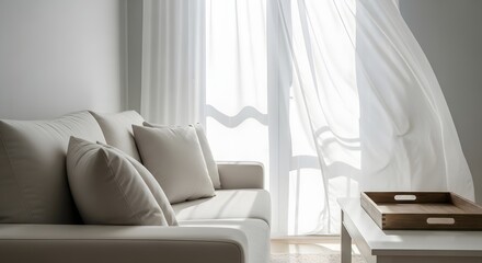 Soft white living room with sheer curtains and natural lighting