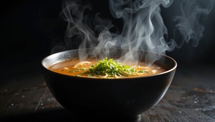 Steaming Bowl of Ramen Soup Topped with Fresh Herbs on Dark Background
