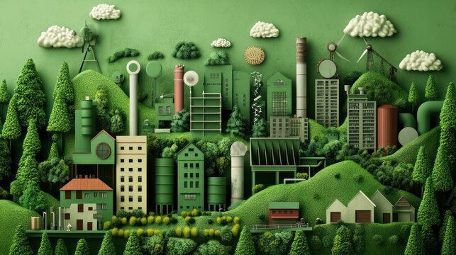 Illustrative ecological city landscape with green buildings and nature integration