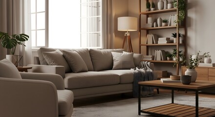 Cozy dark-toned living room with brown sofa and bookshelf