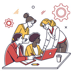 Diverse team collaborating around a laptop and documents on a table