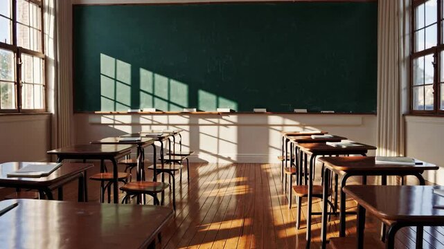 Animation empty school or university classroom with big chalkboard