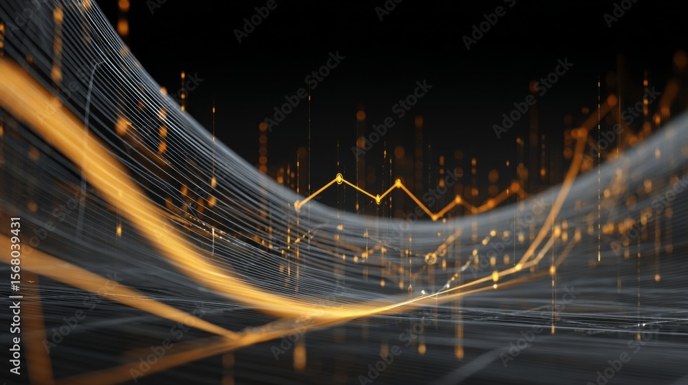 Poster digital financial graphs and line charts overlaid on a futuristic background, representing data anal