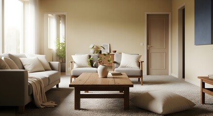 Warm-toned living room with soft carpet and decorative plants