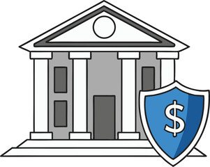 Illustration of a bank with financial security shield dollar sign silhouette black vector illustration