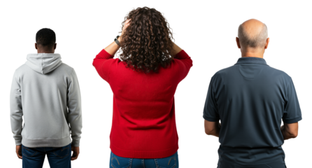 Group of diverse people from behind. Young black man, frustrated woman with hands on head, and senior bald man standing against a transparent background.