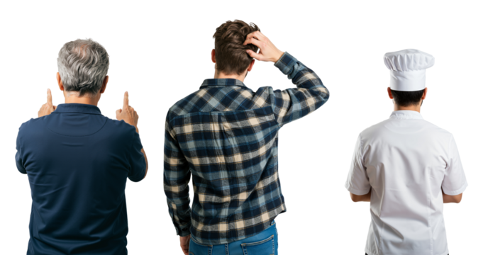 Set of three men from behind on a transparent background. Older man pointing, young man confused, and a professional chef.