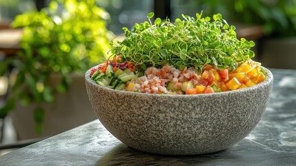 Microgreens garnish crowning fresh poke bowl with colorful sashimi in textured stone bowl, restaurant presentation with blurred upscale dining background
