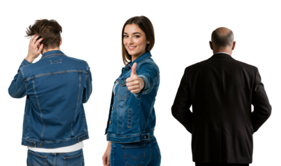 Positive choice concept. Smiling woman showing thumbs up gesture, standing between a young man in denim and an older man in a suit.