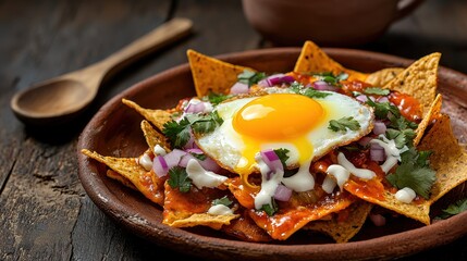 Breakfast chilaquiles with sunny-side up egg, red sauce, white crema and fresh cilantro served on rustic wooden plate