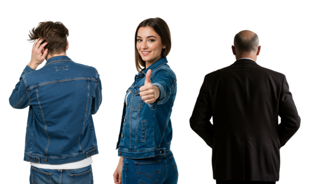 Positive choice concept. Smiling woman showing thumbs up gesture, standing between a young man in denim and an older man in a suit.