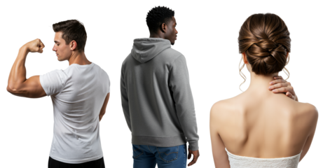 Collage of diverse people from behind. Muscular man flexing bicep, young man in hoodie, and woman with elegant updo hairstyle isolated on transparent background.