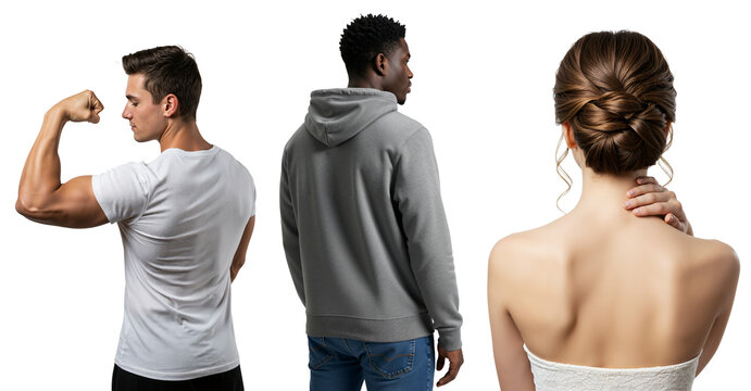 Collage of diverse people from behind. Muscular man flexing bicep, young man in hoodie, and woman with elegant updo hairstyle isolated on transparent background.