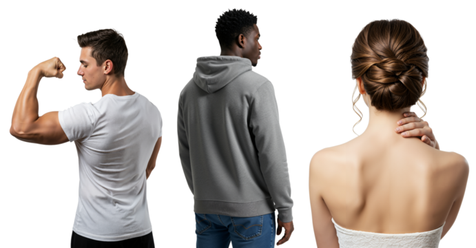 Collage of diverse people from behind. Muscular man flexing bicep, young man in hoodie, and woman with elegant updo hairstyle isolated on transparent background.