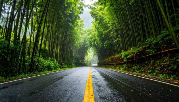 "A cinematic, surreal wet asphalt road cutting through a dense bamboo forest after the rain.