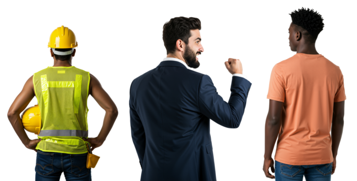 Rear view of a diverse group of male workers. A businessman in a suit celebrates with a construction worker and another man.