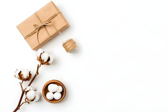 Gift box cotton flower easter eggs twine string present package holiday kraft paper concept