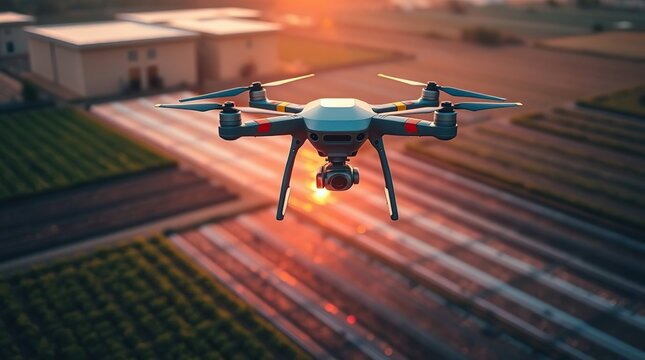 Aerial drone surveys cultivated farmland