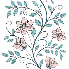 Delicate pink flowers and teal leaves on a dark blue vine with swirls