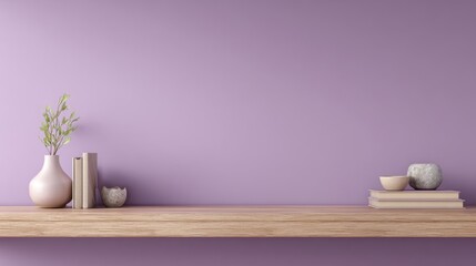 A realistic Zoom background with a lavender-colored wall and a simple, modern bookshelf.