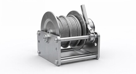 Steel winch with rope and lever mechanism on white background  