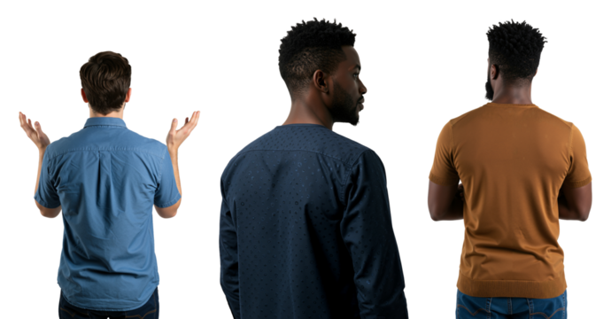 Rear view of three diverse men standing against a transparent background. A multiethnic group showing different body language and perspectives.